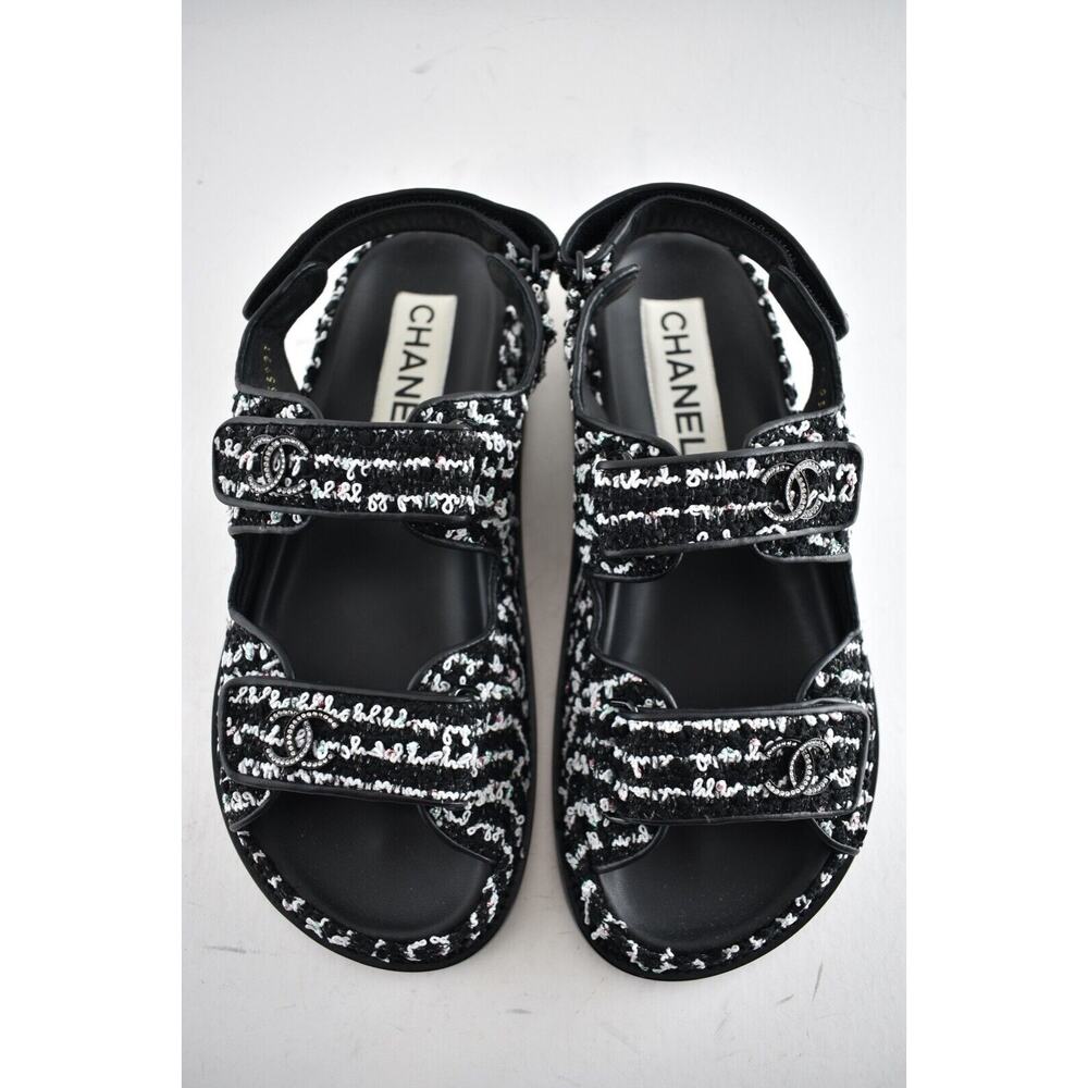 Chanel 22C Black White Tweed CC Logo Mule Slide Strap Flat Dad Teva Sandal 38.5 - Picture 3 of 11